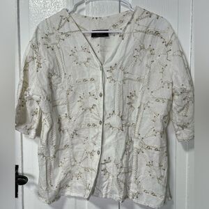 Luiselle Moda Positano Made In Italy Linen embroidered button down Top blouse LG